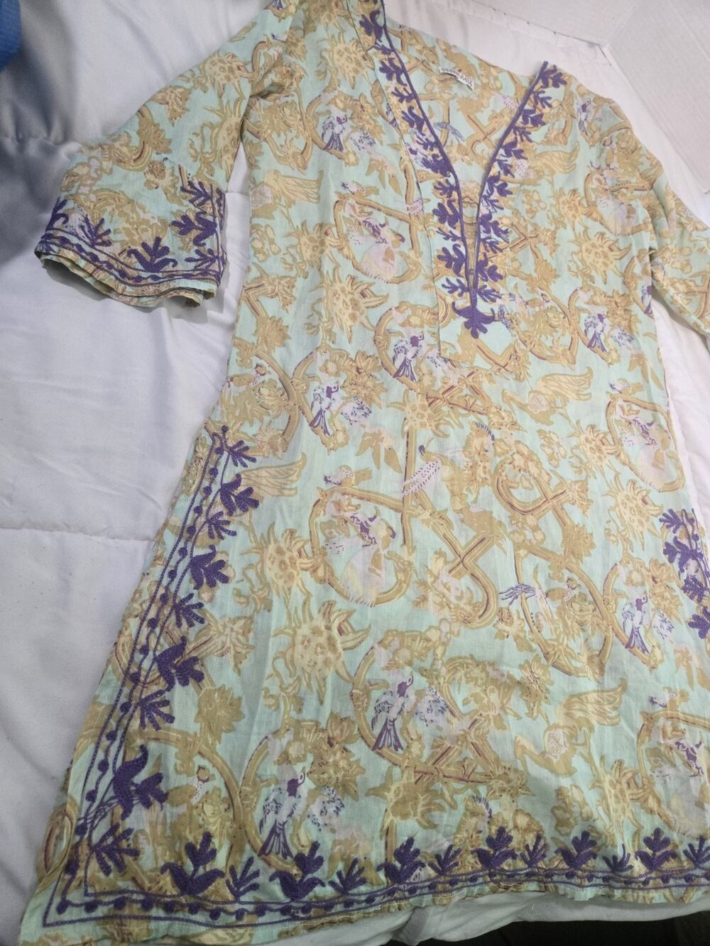 Debbie Katz S Taliah 100% Airy Cotton Embroidered Maxi Tunic inSea Boho Coastal